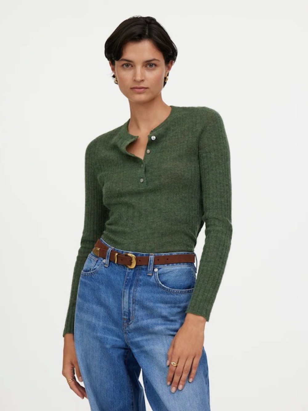 Madewell Olive Green Ribbed Henley Long Sleeve Top